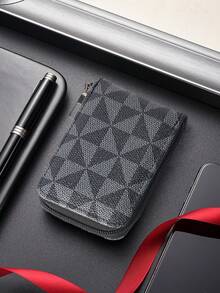 HOVI'S Men's 2-Piece Checkered Credit Card Holder Set - Textured Faux Leather Zipper Clutch Wallet With Wrist Strap & Phone Storage + Organizer Card Holder - Black - View 6