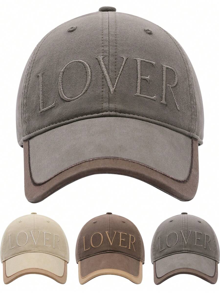 1pc LOVER Letter Embroidered Baseball Cap For Women, Face-Slimming Duck Bill Cap, Outdoor Deep Crown Large Head Circumference Wide Brim Sun Hat, Fashion Contrast Color Trim Curved Brim Cap - Multicolor - View 1