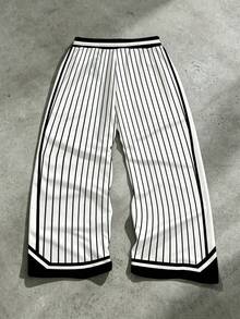 Celana Baseball Pria Ukuran Besar Motif Garis Vertikal Hitam Putih dengan Saku untuk Pemakaian Kasual Sehari-hari - Putih - View 9