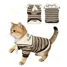 Opjoys 1pc Striped Pet Shirt, Contrast Color Sailor Collar, Suitable For Cats And Dogs, Soft And Breathable, Suitable For Daily Wear, Suitable For Small Puppies, Various Breeds Of Cats, Teddy Bears, Bichon Frise, Yorkshire Terriers, Etc. - Coffee Brown - View 3