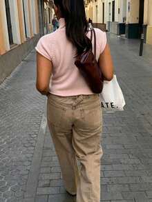Just Masa Women's Fall Casual Front Button High Neck Sweater Pullover,Short Sleeve Slim Fit Solid Color Basic Knit Top,For Vacation,Travel,Daily Wear - Pink - View 2
