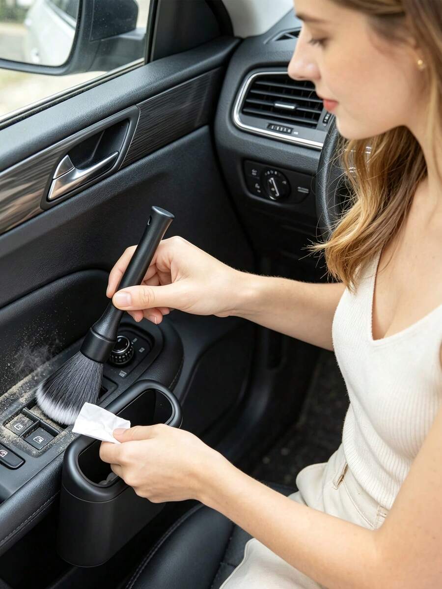 Soft Bristle Car Interior Cleaning Brushes, Equipped With Car Trash Cans And Garbage Bags, Plastic Material, Suitable For Dashboard, Keyboard, Jewelry Cleaning, Home And Car Use, Ergonomic Handle Cleaning Brush - One Size Fits All - View 1