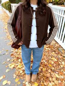 FOR BEAUTY Fall Winter Women Cardigans Y2K Chic Brown Striped Sleeve Frog Button Knit Tops Loose Crewneck Sweaters Office Brunch Casual Outfits - Brown - View 1