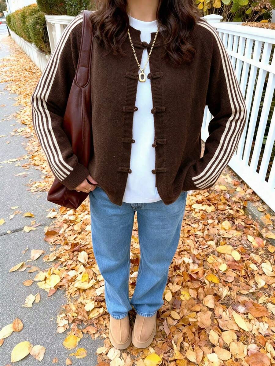 FOR BEAUTY Fall Winter Women Cardigans Y2K Chic Brown Striped Sleeve Frog Button Knit Tops Loose Crewneck Sweaters Office Brunch Casual Outfits - Brown - View 1