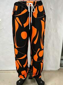 Plus Size Women's Fashion Digital Print Drawstring Cuffed Casual Long Pants - Orange - View 6