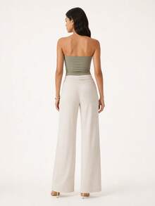Women's High Waist Wide Leg Pants With Draped Sash Detail - White - View 4