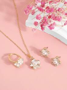 Faux Pearl Flower Pendant Necklace, Earrings, Ring Jewelry Set, Fashionable And Versatile - Multicolor - View 2