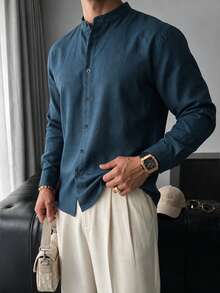 GloMan Men's 100% Pure Cotton Button-Front Casual Deep Blue Stand Collar Long Sleeve Shirt, Autumn/Winter Warm Retro Style, Suitable For Daily, Street, Office, Gift For Husband/Father - Navy Blue - View 1