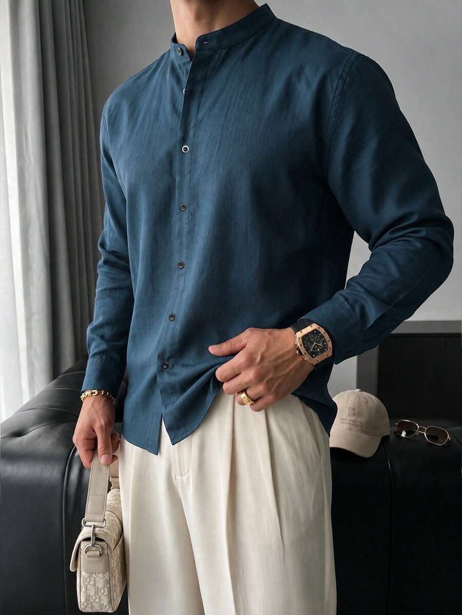GloMan Men's 100% Pure Cotton Button-Front Casual Deep Blue Stand Collar Long Sleeve Shirt, Autumn/Winter Warm Retro Style, Suitable For Daily, Street, Office, Gift For Husband/Father - Navy Blue - View 1