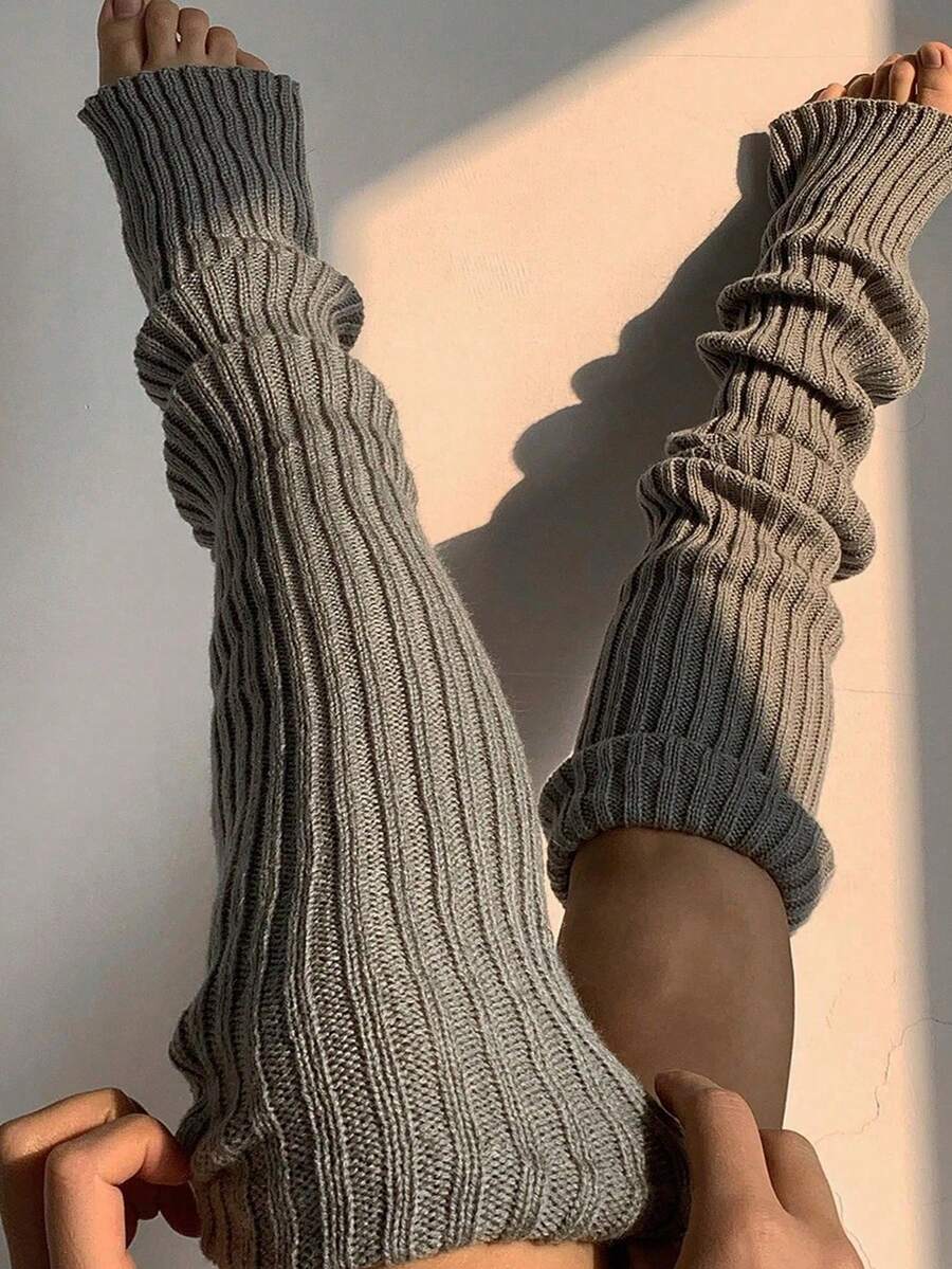 1 par de calcetines de punto a rayas personalizados por encima de la rodilla para mujer, otoño/invierno - Gris - Ver 1