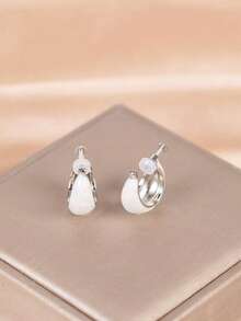 1 Pair Fashionable New White Oil Drop C-Shaped Earrings For Women, No Piercing Ear Clips With Adjustable Screw Backs, Suitable For Daily Wear - Ear Clip - View 8