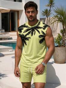 Men's Coconut Tree Pattern Sleeveless Tank Top Set, Men's Vacation Style Sleeveless Tank Top And Beach Shorts - Multicolor - View 3