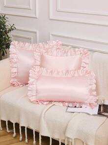 1pc Light Pink Satin Lace Ruffle Decor Pillow Case (Pillow Insert Not Included), Luxurious Silky Modern Style Pillow Case, Suitable For Home, Sofa, Living Room And Other Home Decor, Can Be Used As Bedding Or Sofa Cushion Cover [Pillow Insert Not Included], Suitable For Daily Use, High-End Minimalist Design, Suitable For Living Room, Bedroom, Small Car And Other Places. - Baby Pink - View 1