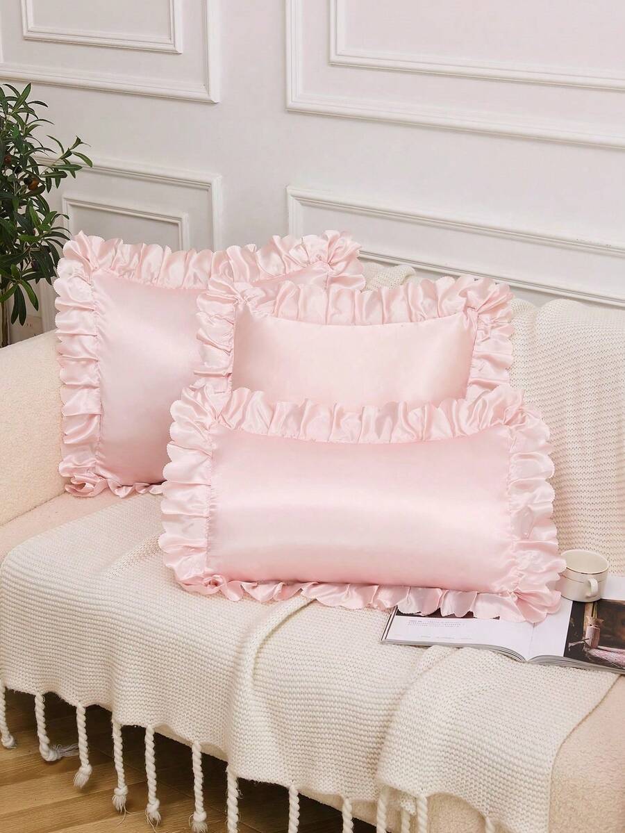 1pc Light Pink Satin Lace Ruffle Decor Pillow Case (Pillow Insert Not Included), Luxurious Silky Modern Style Pillow Case, Suitable For Home, Sofa, Living Room And Other Home Decor, Can Be Used As Bedding Or Sofa Cushion Cover [Pillow Insert Not Included], Suitable For Daily Use, High-End Minimalist Design, Suitable For Living Room, Bedroom, Small Car And Other Places. - Baby Pink - View 1