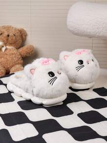1 Pair Girls Comfortable Fashionable Lightweight Cute Kitten Plush Lined Slippers, Autumn/Winter - White - View 4