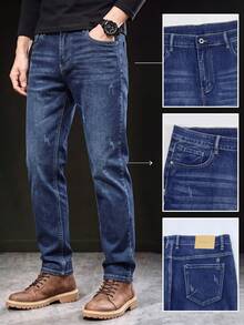 Celana Jeans Denim Slim Fit Pria dengan Detail Garis-Garis Tipis yang Terlihat, Bahan Elastis yang Nyaman, Tidak Ketat, Celana Jeans Kasual Serbaguna untuk Pakaian Kerja. - Biru - View 1