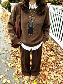 Women's Teddy Bear Print Pullover Sweater, A Casual Choice For Autumn And Winter - Dark Ochre - View 10