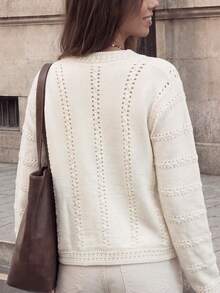 JIANHU Autumn/Winter Beige Hollow-Out Lace-Up Knit Cardigan - White - View 6