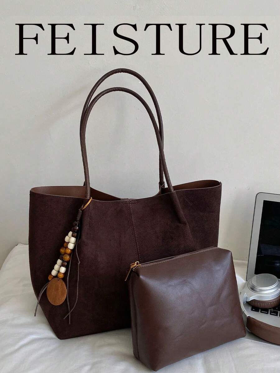 FEISTURE 2件大容量復古通勤單肩包，麂皮手提托特包，拉鍊開合，適合日常出遊、約會、通勤