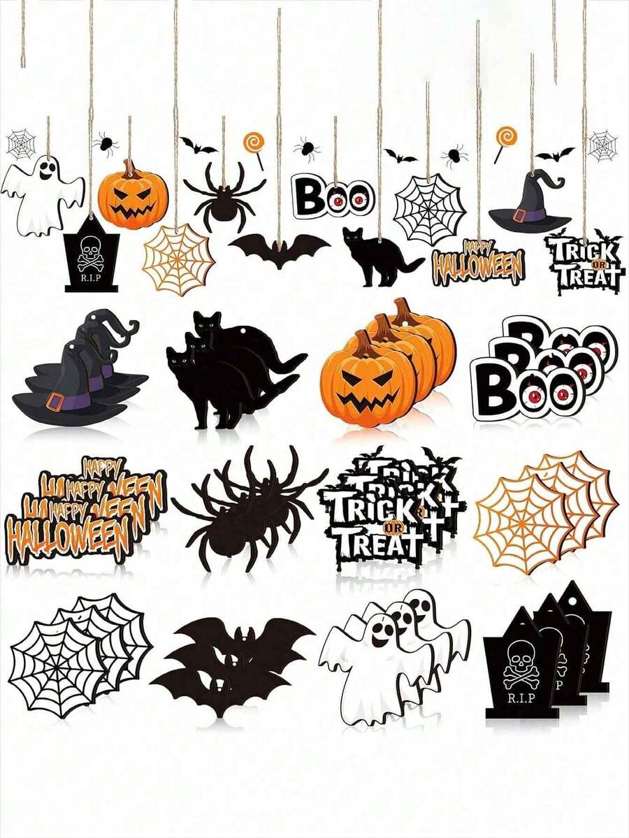 12 Stücke Halloween Holz Hohlbaum Hängedekorationen, Trick Or Treat Partyzubehör, klassische Farbgebung Halloween Hängedekoration, beleuchtet Heimdekoration, süße und schöne Schriftart, perfektes Geschenk der Liebe und des Segens für die Familie