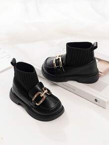 1 Pair Baby Girl Metal Buckle Decor Knitted Upper Comfortable Lightweight Flat Ankle Boots Elastic Boots Suitable For Daily Wear In Autumn/Winter - Black - View 2