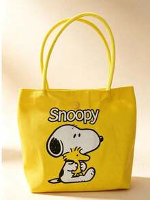 1pc Snoopy Print Yellow Canvas Tote Bag, Large Capacity, Suitable For Travel, Shopping And Daily Use, Perfect Gift For Birthday, Valentine's Day, Back To School And Graduation - A - View 7