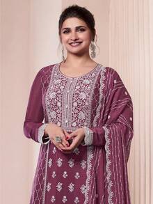 JZGZR Women's Art Silk Embroidery Work Kurta Palazzo Set With Dupatta - Darkpeach - View 7