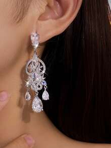 1 Pair Premium Elegant Hollow Glass Full Rhinestone Earrings Suitable For Women's Party And Ball - Silver - View 4