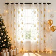 1 Panel Red Christmas Curtain, Christmas Tree & Snowflake Gold Foil Print Pattern Transparent Window Curtain, Light Filtering Window Decor, Suitable For Christmas Living Room, Bedroom, Door Curtain, Window Sheer - White - View 7
