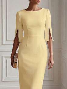 Solid Color Casual Elegant Retro French Style Waist Slimming Office Daily Date Commute Faux Pearl Decor Round Neck Dress, White Summer Yellow - Yellow - View 2