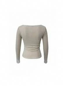 Sexy Style Fitted Long Sleeve Lace T-Shirt Women Autumn/Winter Bow Square Neck Waist-Cinching Base Layer Top - Apricot - View 9