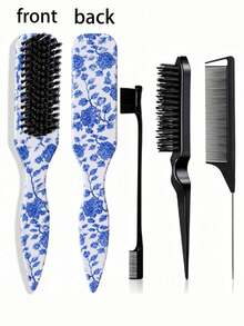 1-4pcs Neutral Hair Comb/Beard Brush Set, Blue & White Porcelain Pattern Pointed Tail Comb, Unscented Professional Styling Comb, Dual Function For Hair Cutting And Cleaning, Smooth And Easy To Comb, Suitable For All Hair Types, Edge Control Comb, Professional Smooth Back Comb, Perfect For Creating Neat Ponytails And Braids, Pointed Tail Styling Tool, Can Be Used To Fix Flyaway Hair And Apply Beard Wax, Suitable For Bathroom Use, Scalp Massage, Back To School, Travel, Daily Use, Also An Excellent Gift For Friends And Family - Multicolor - View 1