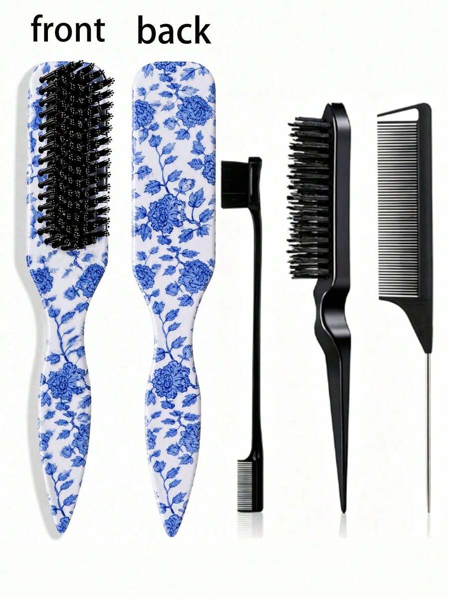 1-4pcs Neutral Hair Comb/Beard Brush Set, Blue & White Porcelain Pattern Pointed Tail Comb, Unscented Professional Styling Comb, Dual Function For Hair Cutting And Cleaning, Smooth And Easy To Comb, Suitable For All Hair Types, Edge Control Comb, Professional Smooth Back Comb, Perfect For Creating Neat Ponytails And Braids, Pointed Tail Styling Tool, Can Be Used To Fix Flyaway Hair And Apply Beard Wax, Suitable For Bathroom Use, Scalp Massage, Back To School, Travel, Daily Use, Also An Excellent Gift For Friends And Family - Multicolor - View 1