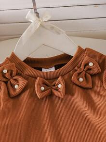 2pcs/Set Girls Toddler Casual Minimalist Bow Brown Long Sleeve Top & Flared Pants Outfit, Spring/Autumn - Brown - View 3