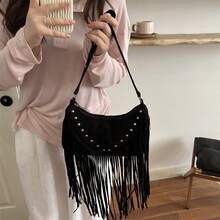 Tassel Shoulder Bag, Fashion Crossbody Women's Bag, Rivet Decor Personalized Vacation Style Versatile Bag - Black - View 4