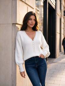 Elegant Women's Cream V-Neck Sweater With Lace Trim, Long Sleeve Regular Pullover With Button Accents, Subtle Stretch Fabric For Fall Outfits White - White - View 2
