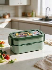 1pc Cartoon Japanese Style Double Layer Compartment Bento Box, Microwave Leak-Proof Sealed Lunch Box With Fork And Spoon, Portable Food Storage Container Suitable For Students, Office Workers And Picnics - Multicolor - View 3