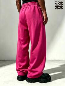 mulinsen Men's White Wide Leg Drawstring Waist Sweatpants; Street Style, Loose Straight Leg, Fluid Drape - Hot Pink - View 6