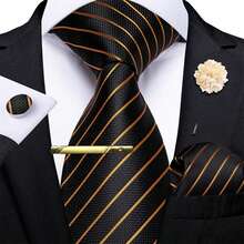 5Pcs Men Black Gold Striped Tie Pocket Square Cufflinks Boutonniere Tie Clip Set, Random Cufflink Pattern, Suit Accessories For Wedding - Black - View 2