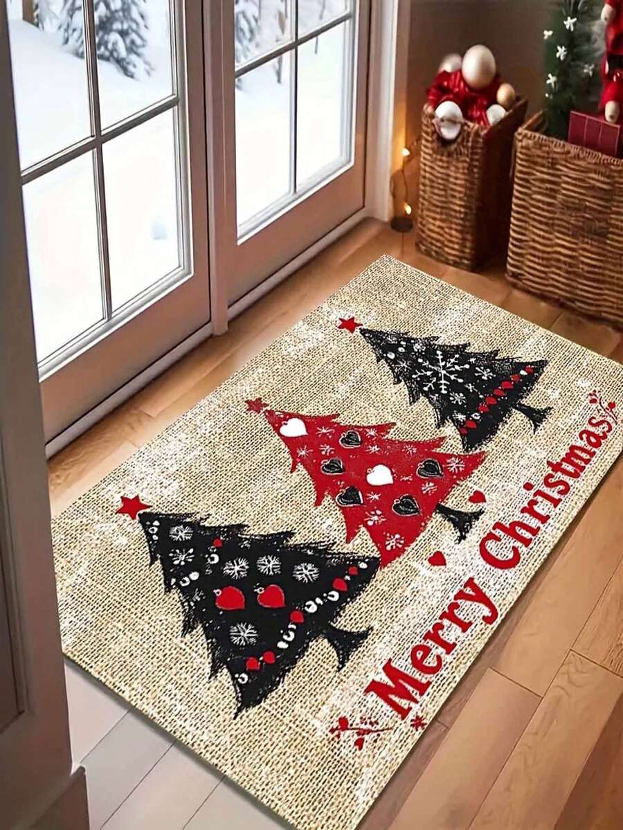 1pc, Christmas Tree Door Mat - Festive Happy Christmas Pattern, Non Slip Entrance Mat With Snowflake Design, Lightweight Welcome Mat, Suitable For Indoor/Outdoor Use, Perfect For Home And Office Use - A - View 1