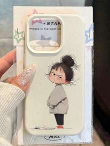 1件卡通小女孩個性化表情圖案磨砂荔枝紋全鏡頭TPU防摔時尚手機殼，適用於 18 17 16 15 14 13 12 11 Pro Max、A56/55/54/53/52/51、S25/24/23/22/21 Ultra系列，防指紋保護殼 - 彩色 - 查看 1