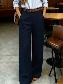 Women's Draped Wide Leg High Waist Straight Leg Suit Pants, Versatile Slimming For Autumn/Winter - Navy Blue - View 4