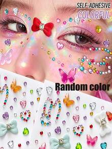 2pcs Pink Colorful Heart & Butterfly Face Rhinestone Stickers With Tweezers, Christmas Makeup, Holiday Party, Y2K Style Music Festival DIY Eye Makeup, Suitable For Dance Performance, Party, Stage Cosplay, Wedding, Concert Look - Multicolor - View 2
