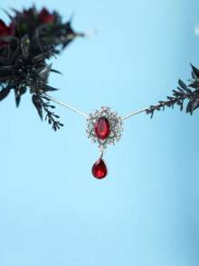 Gothic Black Red Rose Forehead Headpiece Red Teardrop Crystal Pendant Dark Bridal Wedding Hair Accessory For Halloween Cosplay Party - Black - View 6
