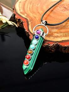 Natural Crystal Double-Pointed Pillar 7 Chakra Colorful Stone Pendant Necklace, Vintage Raw Stone Spiritual Jewelry Accessory - 7 Chakra Double Point Pendant - View 8