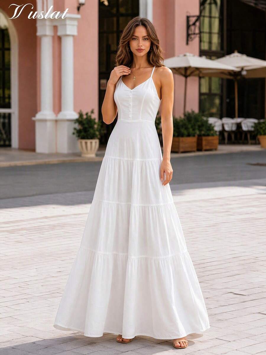 Vuslat Women's Summer Casual Solid Color V-Neck Spaghetti Strap Button Decor Loose Dress, Suitable For Casual Vacation, Beach Holiday - White - View 1