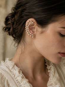 outingfit 1 Pair Luxury Leaf Ear Cuff Earrings With Rhinestones, High-End Hanging Earrings For Women, Party Accessories - Gold - View 2