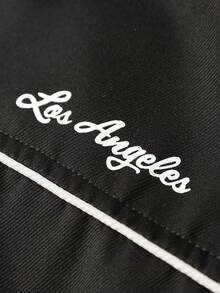 YUNCHIC Men's Casual Stand Collar Zip-Up Jacket, Los Angeles Letter Print, Sporty Style, Versatile Spring/Autumn Outerwear - Black - View 7