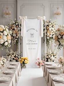 1pc Customized Welcome Banner, Bow Pattern Baby Shower Banner, Polyester Material, Suitable For Baby Shower, Gender Reveal, Birthday Party, 100 Days Celebration And Romantic Wedding Scenes - Multicolor - View 2