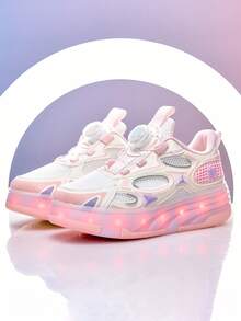 女童四輪發光輪滑鞋，USB充電式LED燈，旋轉按鈕免鞋帶透氣網布可伸縮輪，彩色發光輪滑運動鞋 - 粉色 - 查看 3